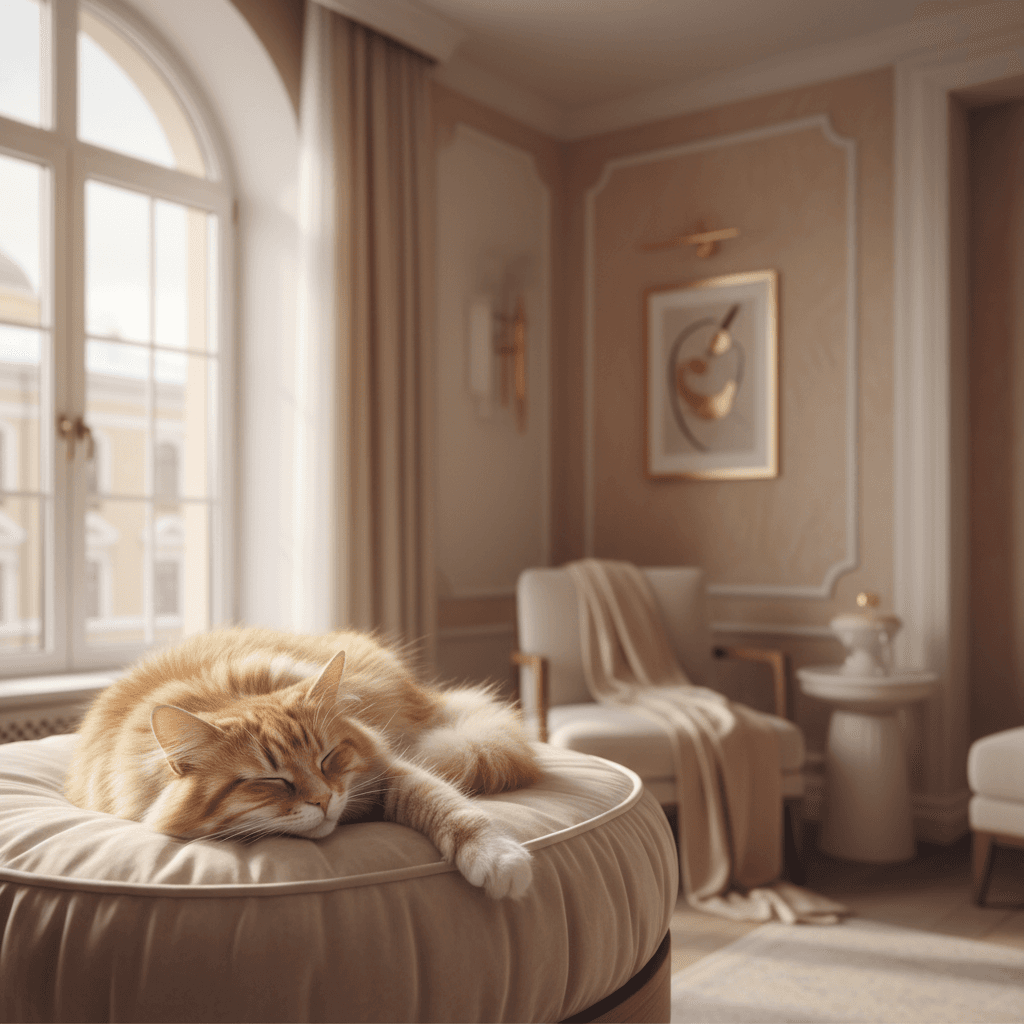 Рыжий кот отдыхает в уютном премиальном номере отеля МяуДом